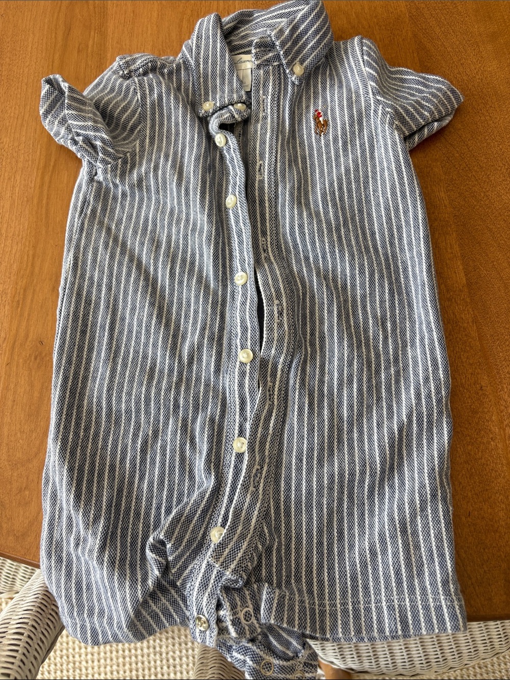 Ralph Lauren Blue & White Striped Baby Button Romper